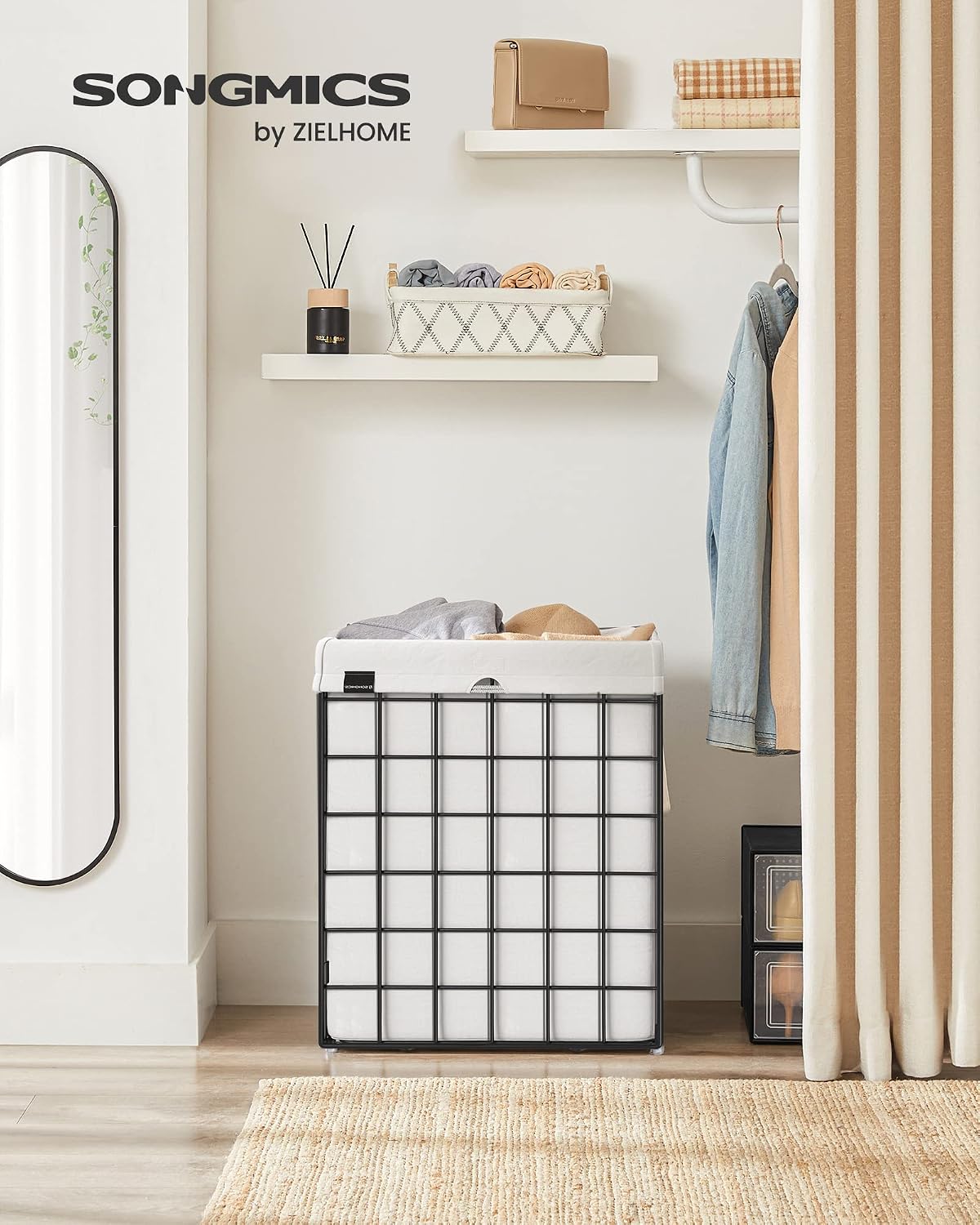 SONGMICS Laundry Hamper, 23.8 Gal. (90L) Laundry Basket, Collapsible Clothes Hamper, Black and White ULCB190W01