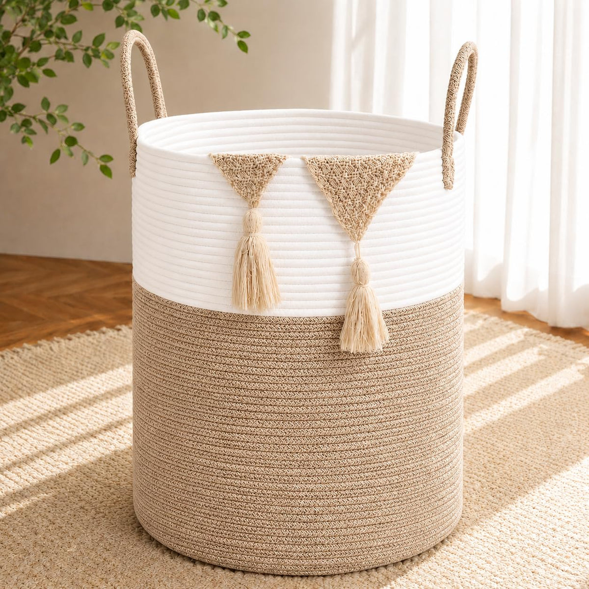 Large Laundry Hamper Basket, 85L Cotton Rope Woven Storage Bin for Blankets, Dirty Clothes Toys, Decorative Tall Basket with Leather Handles for Living Room, Bedroom, Bathroom, Nursery, Jute