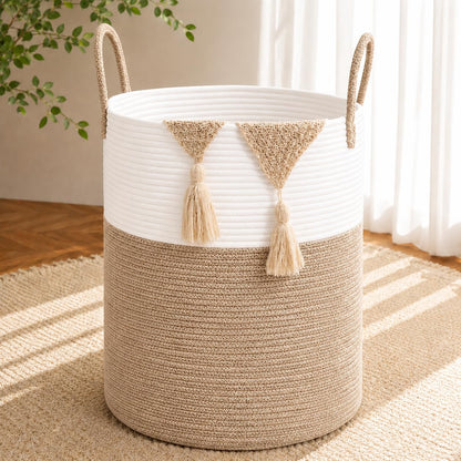 Large Laundry Hamper Basket, 85L Cotton Rope Woven Storage Bin for Blankets, Dirty Clothes Toys, Decorative Tall Basket with Leather Handles for Living Room, Bedroom, Bathroom, Nursery, Jute