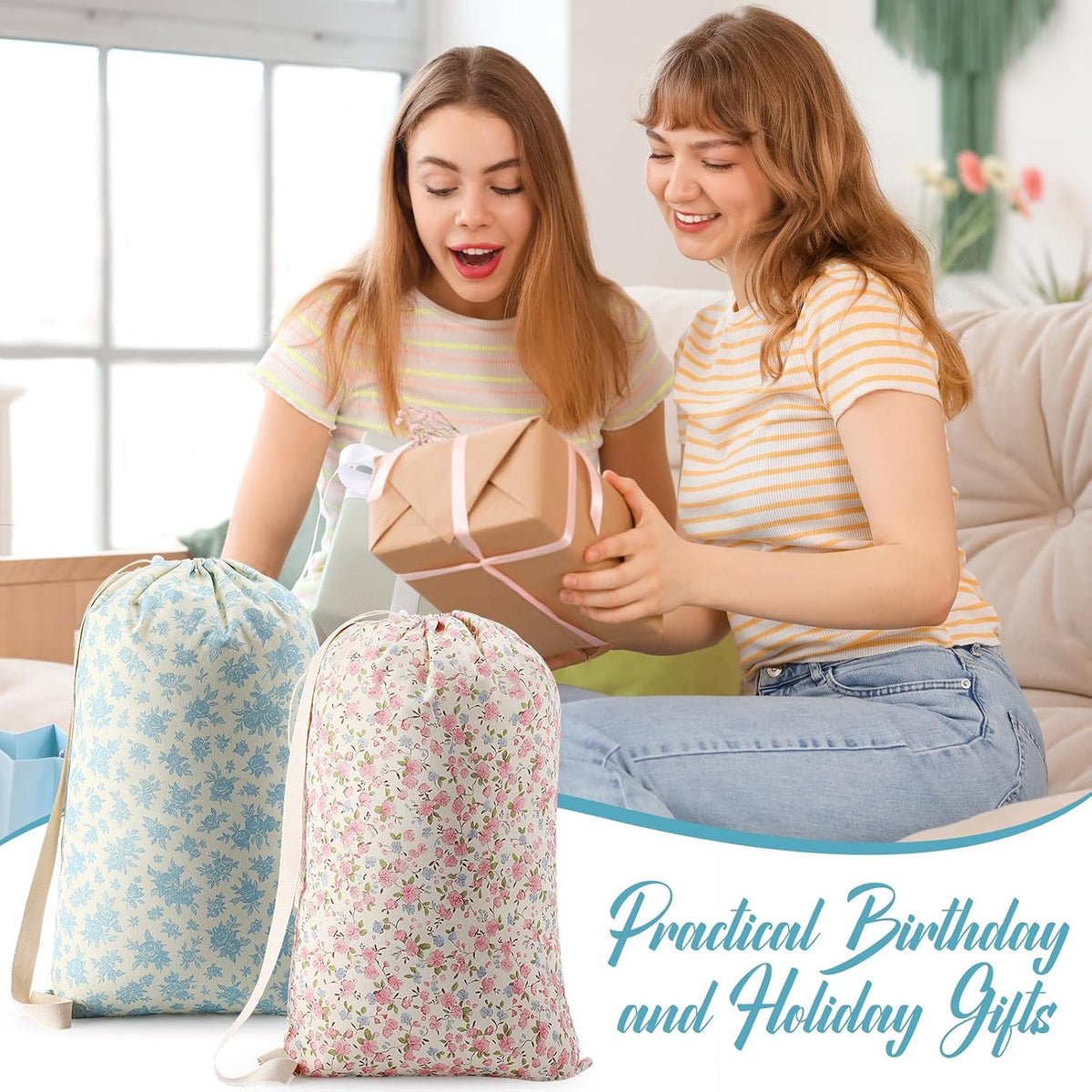 Satinior 2 Pcs Floral Laundry Bag Backpack for Dorm Travel 29" x 18" Canvas