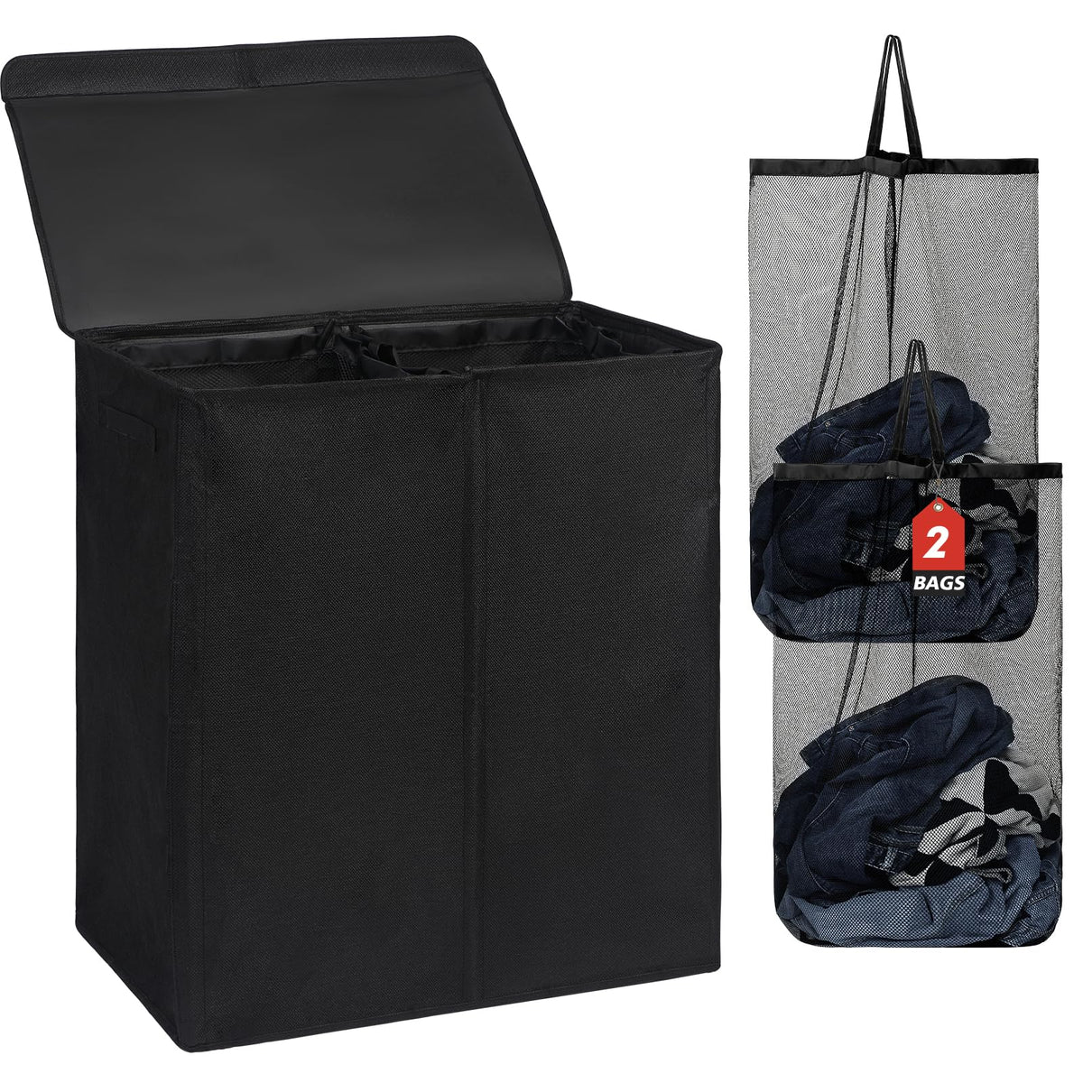 DOKEHOM 160L Double Laundry Basket Hamper with Lid & Removable Bags, Black