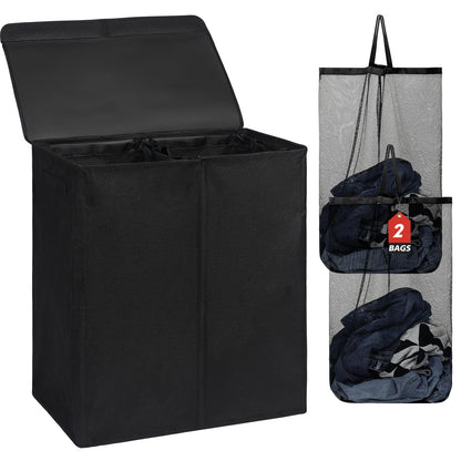 DOKEHOM 160L Double Laundry Basket Hamper with Lid & Removable Bags, Black