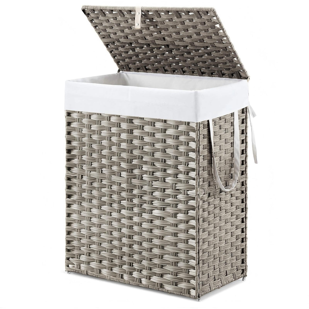 DUMOS Woven Laundry Basket with Lid, 90L Large Capacity Hamper, Removable & Machine-Washable Liner, Foldable Rattan Clothes Hamper, Sturdy Steel Frame, Odor Control, Dove Gray