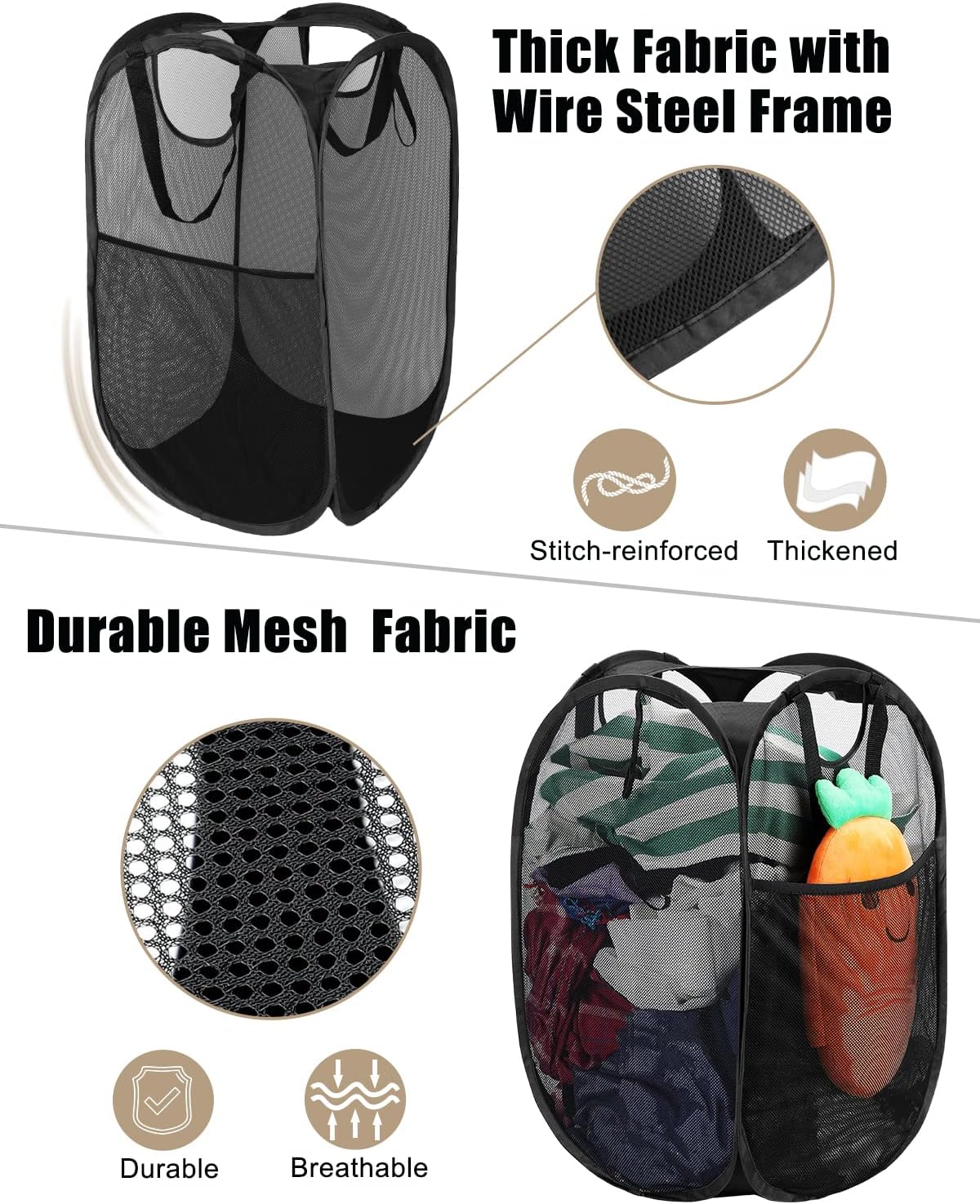 HOUSE AGAIN 2 Pack Strong Mesh Pop Up Laundry Hamper, 70L Collapsible Laundry Basket with Steel Frame, Double‑Stitched Handles & Side Pocket, Foldable Dirty Clothes Hamper for Dorm, Bedroom, Black
