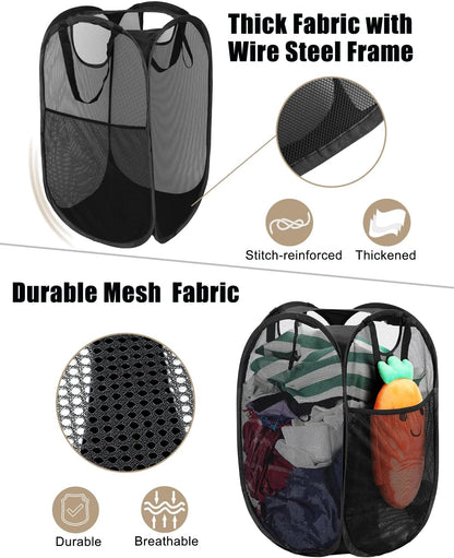 HOUSE AGAIN 2 Pack Strong Mesh Pop Up Laundry Hamper, 70L Collapsible Laundry Basket with Steel Frame, Double‑Stitched Handles & Side Pocket, Foldable Dirty Clothes Hamper for Dorm, Bedroom, Black