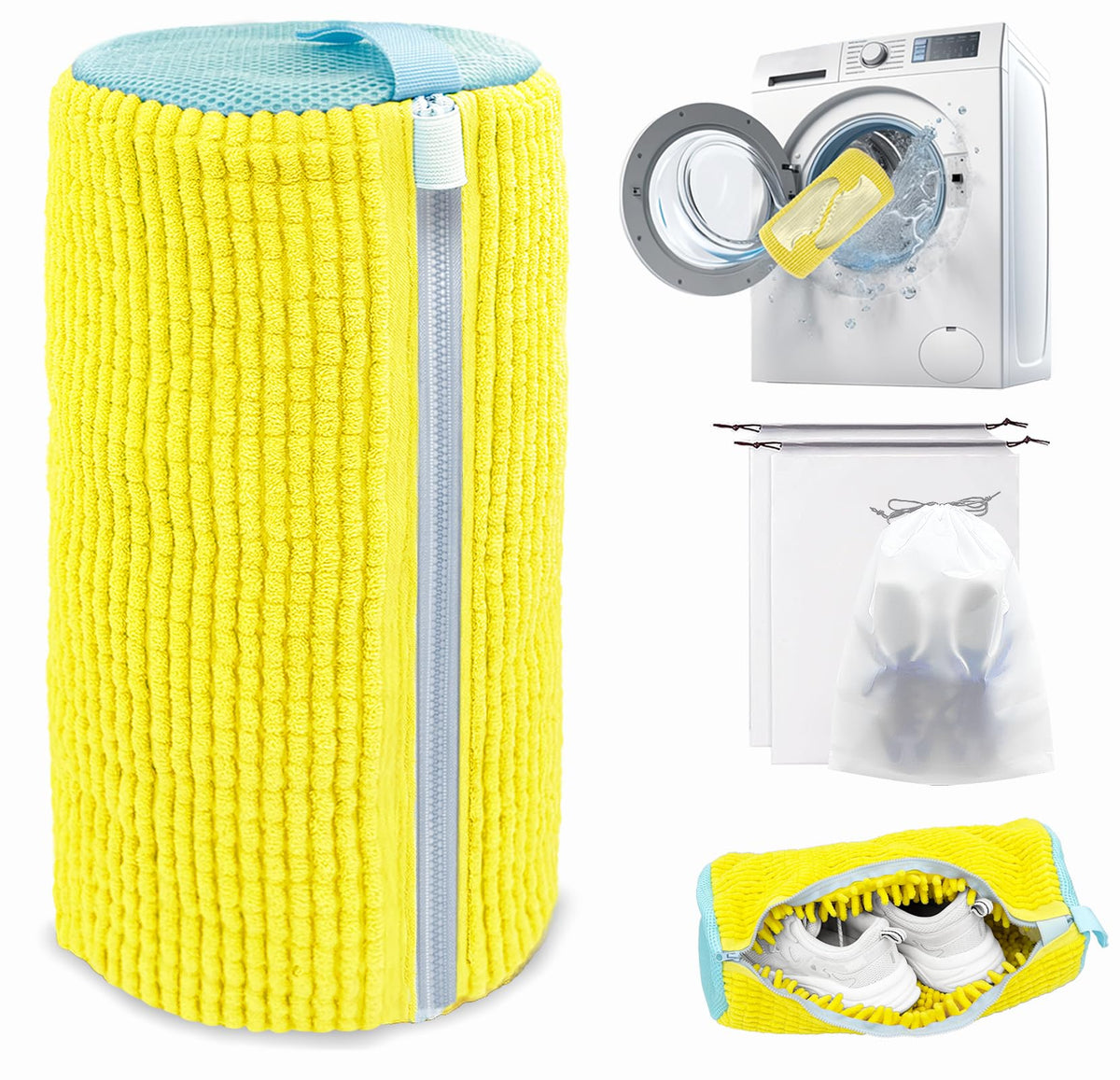 Shoe Washing Machine Bag,Laundry Shoe Bag for Washer and Dryer,Reusable Shoe Cleaning Bag for Sneakers,Tennis Shoes,With Self-locking Zipper, Microfiber Inside (1, Yellow)