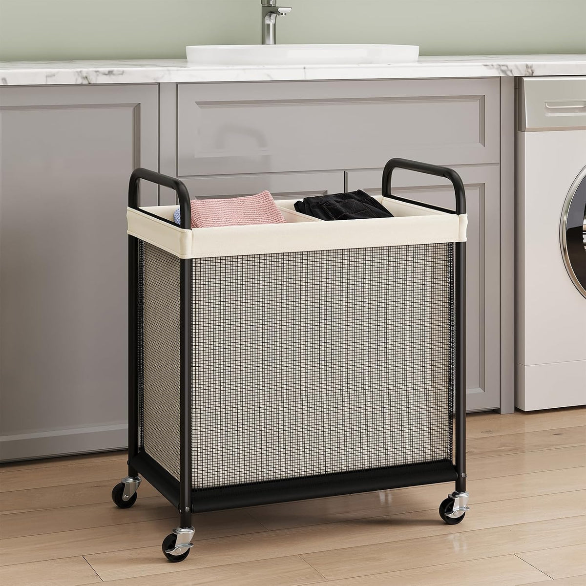 ELYKEN Laundry Hamper 2 Section, 100L Rolling Laundry Sorter with Wheels