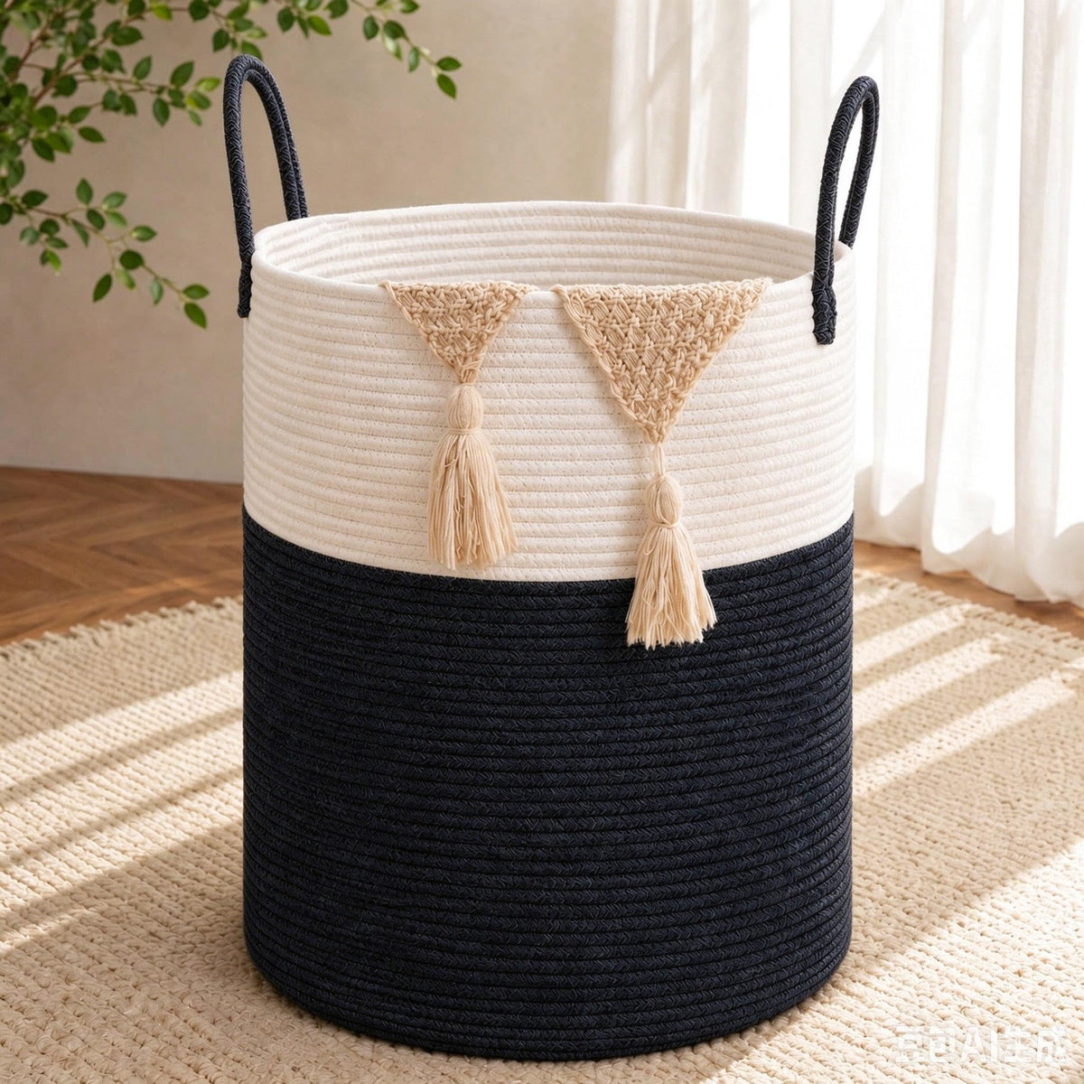 Large Laundry Hamper Basket, 85L Cotton Rope Woven Storage Bin for Blankets, Dirty Clothes Toys, Decorative Tall Basket with Leather Handles for Living Room, Bedroom, Bathroom, Nursery, Jute