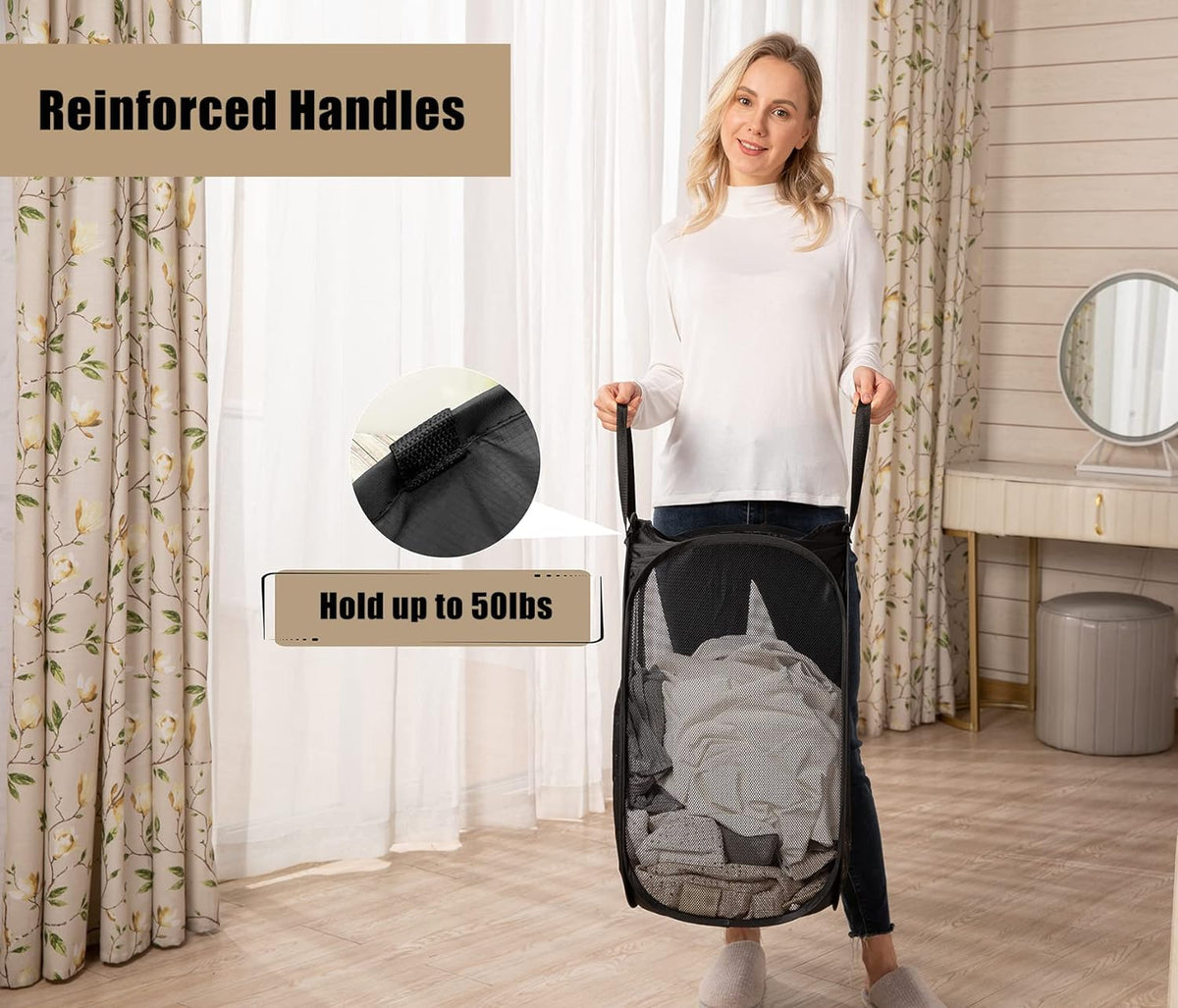 HOUSE AGAIN 2 Pack Strong Mesh Pop Up Laundry Hamper, 70L Collapsible Laundry Basket with Steel Frame, Double‑Stitched Handles & Side Pocket, Foldable Dirty Clothes Hamper for Dorm, Bedroom, Black