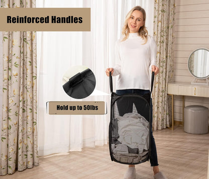 HOUSE AGAIN 2 Pack Strong Mesh Pop Up Laundry Hamper, 70L Collapsible Laundry Basket with Steel Frame, Double‑Stitched Handles & Side Pocket, Foldable Dirty Clothes Hamper for Dorm, Bedroom, Black