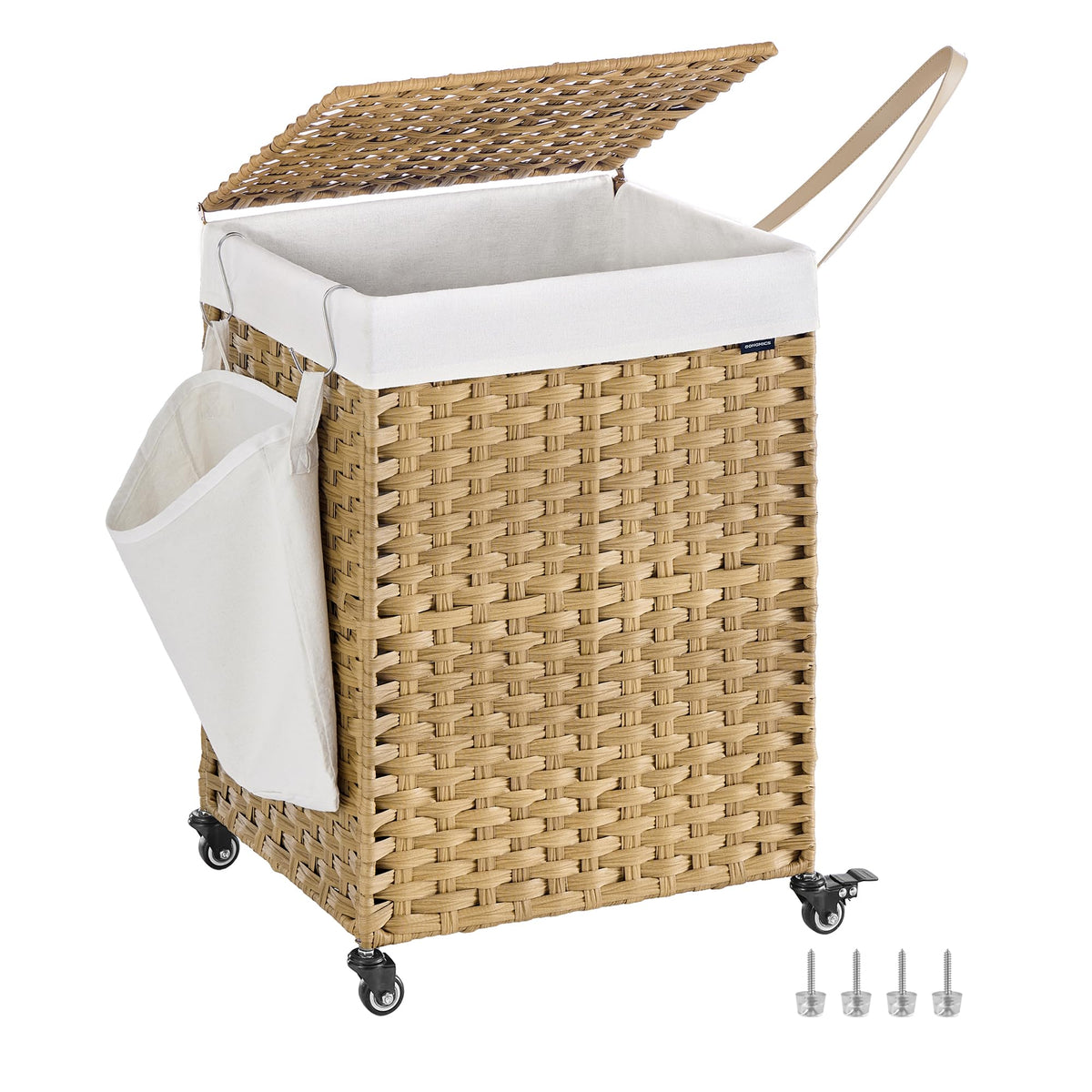 SONGMICS Rolling Laundry Hamper with Lid, 160 L 3-Section Synthetic Rattan