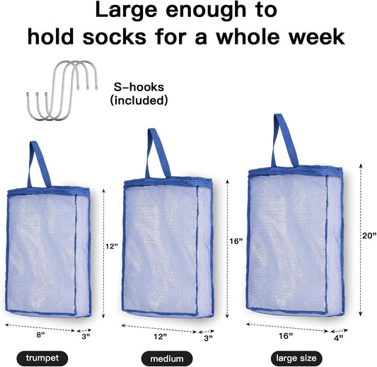 3-Pack 3D Cube Mesh Laundry Bags S/M/L with S-Hooks, Zippered Blue
