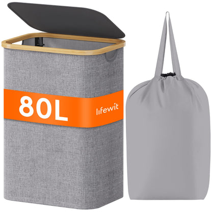 Lifewit 120L Large Laundry Basket with Lid, 2 Removable Bags, Beige