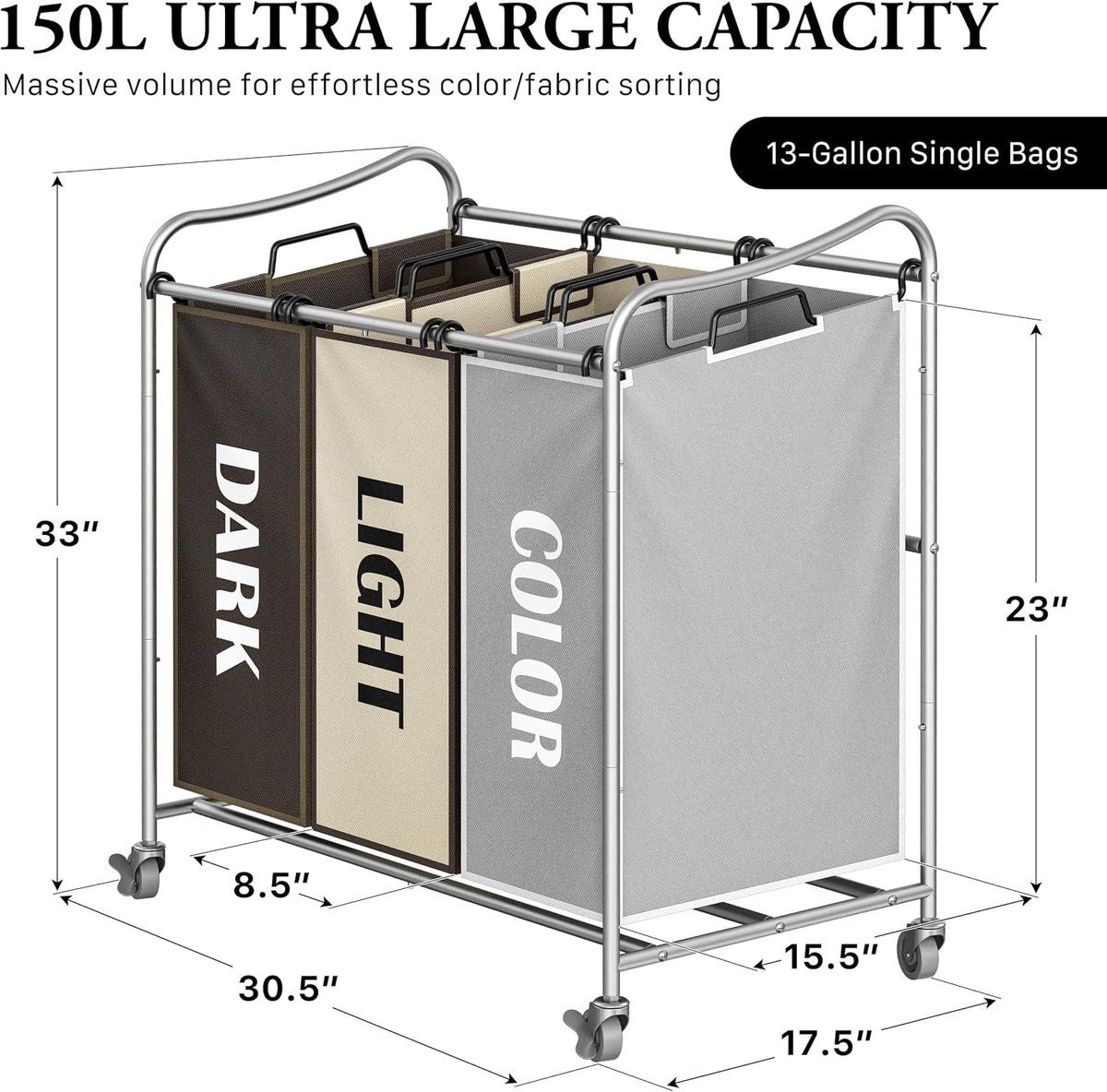 Simple Houseware Heavy Duty 3-Bag Laundry Sorter Rolling Cart, Assorted