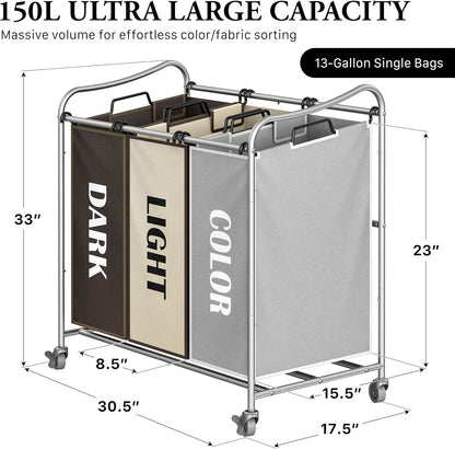 Simple Houseware Heavy Duty 3-Bag Laundry Sorter Rolling Cart, Assorted