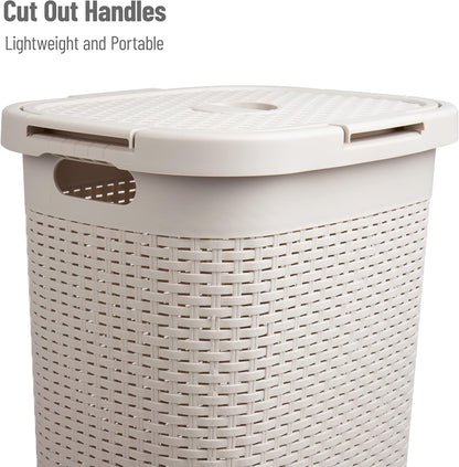 Mind Reader Slim Laundry Hamper with Lid, 60L Tall Clothes Basket, Narrow Tapered Design for Bathrooms, Closets and Laundry Rooms, Plastic, Ivory