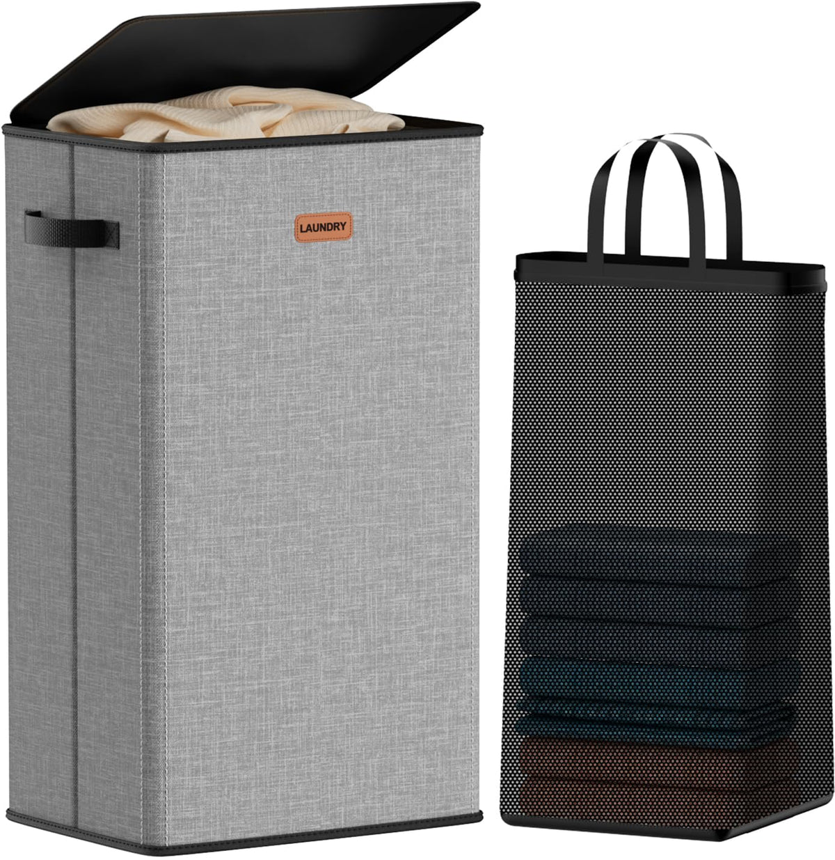 Laundry hamper 3 Section, XL Clothes Hamper with Lid & Inner Bag, Black