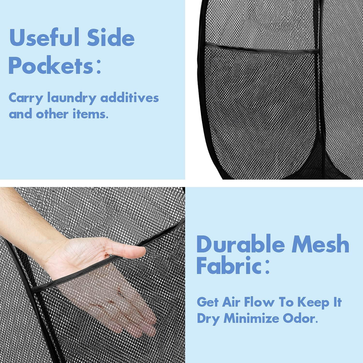 Pop Up Laundry Hamper, 70L Collapsible Mesh Basket with Side Pocket, Black