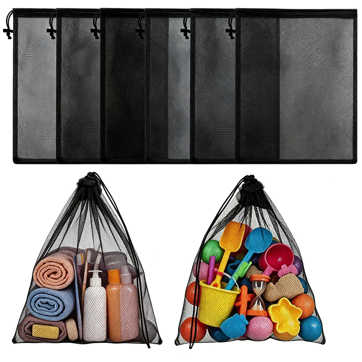 6 Pcs Mesh Beach Bags Drawstring Laundry Bag for Storage 12 × 18 in