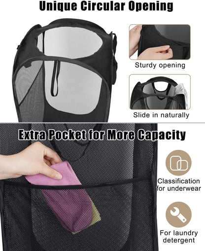 HOUSE AGAIN 2 Pack Strong Mesh Pop Up Laundry Hamper, 70L Collapsible Laundry Basket with Steel Frame, Double‑Stitched Handles & Side Pocket, Foldable Dirty Clothes Hamper for Dorm, Bedroom, Black