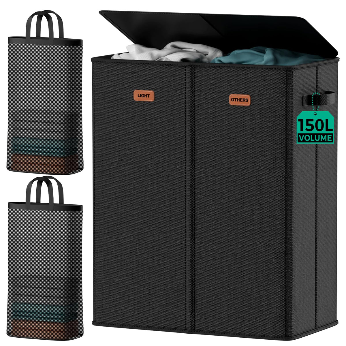 150L Double Laundry Hamper with Lid – 2-Section Clothes Hamper with Removable Bag for Bathroom, Bedroom, Laundry Room & Dorm