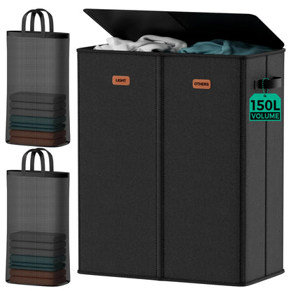 150L Double Laundry Hamper with Lid – 2-Section Clothes Hamper with Removable Bag for Bathroom, Bedroom, Laundry Room & Dorm