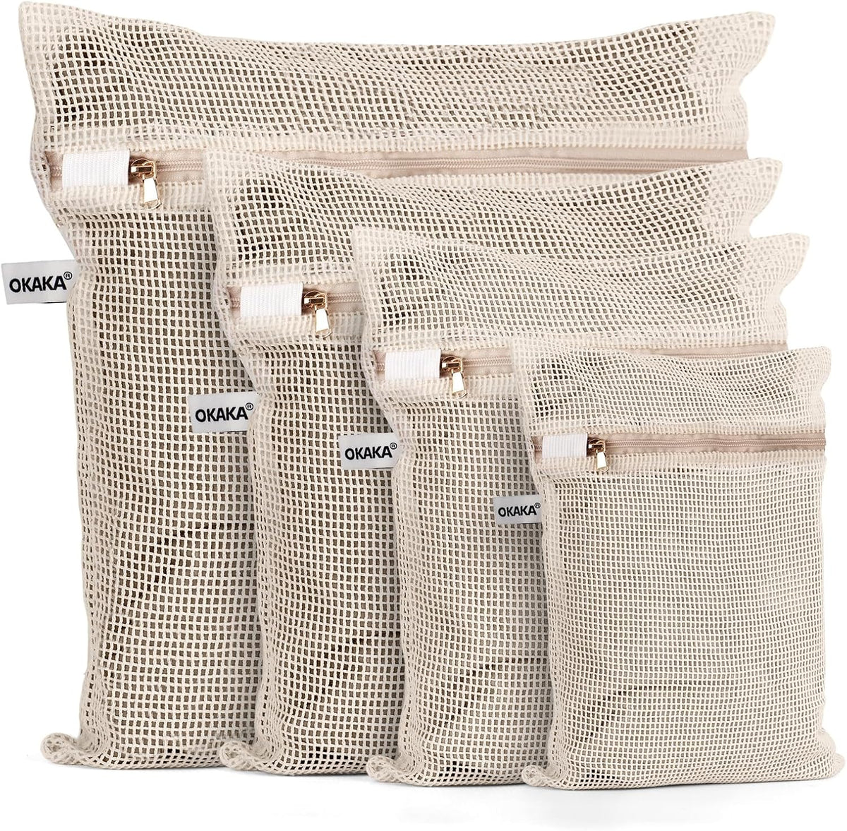 100% Cotton Mesh Laundry Bags, Premium Soft, No Dye, Set of 4, Natural