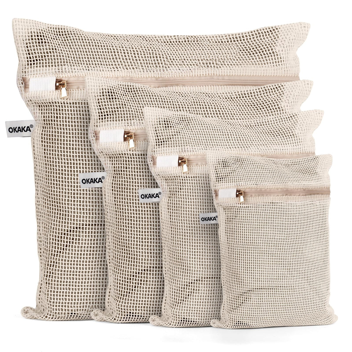 100% Cotton Mesh Laundry Bags, Premium Soft, No Dye, Set of 4, Natural