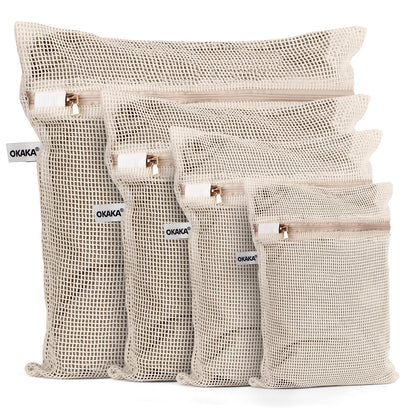 100% Cotton Mesh Laundry Bags, Premium Soft, No Dye, Set of 4, Natural