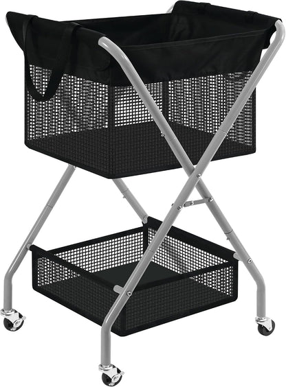 STO STO 2-Tier Foldable Laundry Cart with Wheels, 75L Tall Rolling Laundry Hamper, Collapsible Laundry Basket with Removable Bag, Rust-Resistant Steel Frame for Laundry Room, Bathroom, Dorm, Black