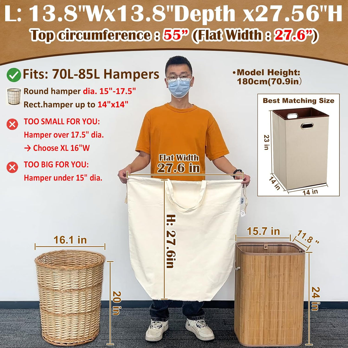 Heavy Duty Canvas Laundry Bags with Square Base 13.8"Wx13.8"Dx27.6"H, Beige