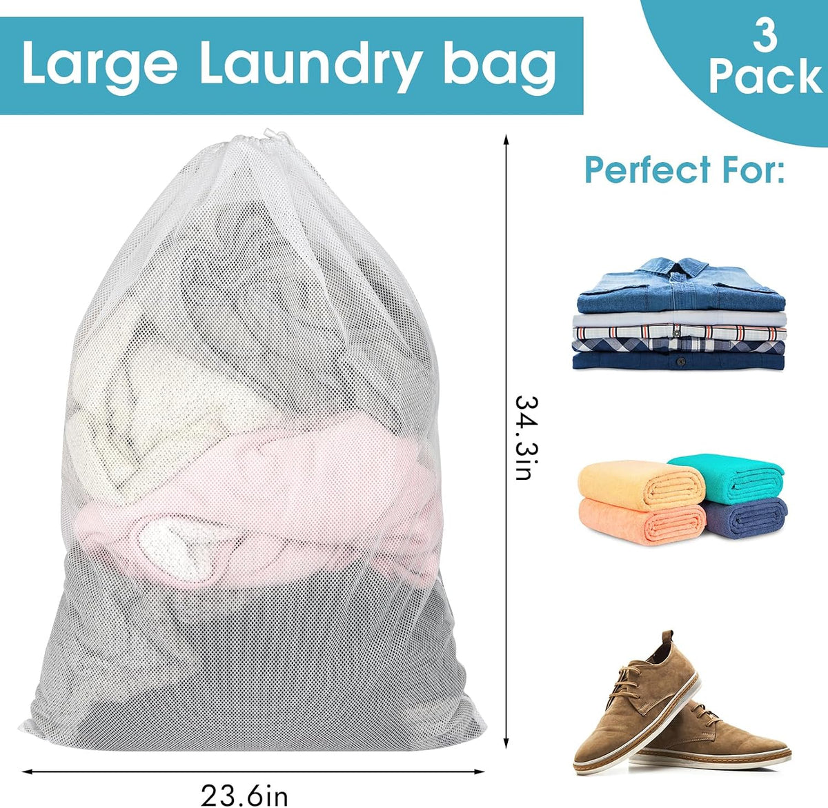 3 Pack Mesh Laundry Bags 23x34 Inch Drawstring Locking for Travel Home