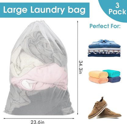 3 Pack Mesh Laundry Bags 23x34 Inch Drawstring Locking for Travel Home