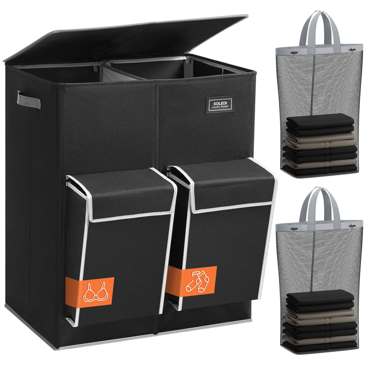 SOLEDI 180L Double Laundry Hamper with Lid and 2 Side Pockets, Dual Hamper