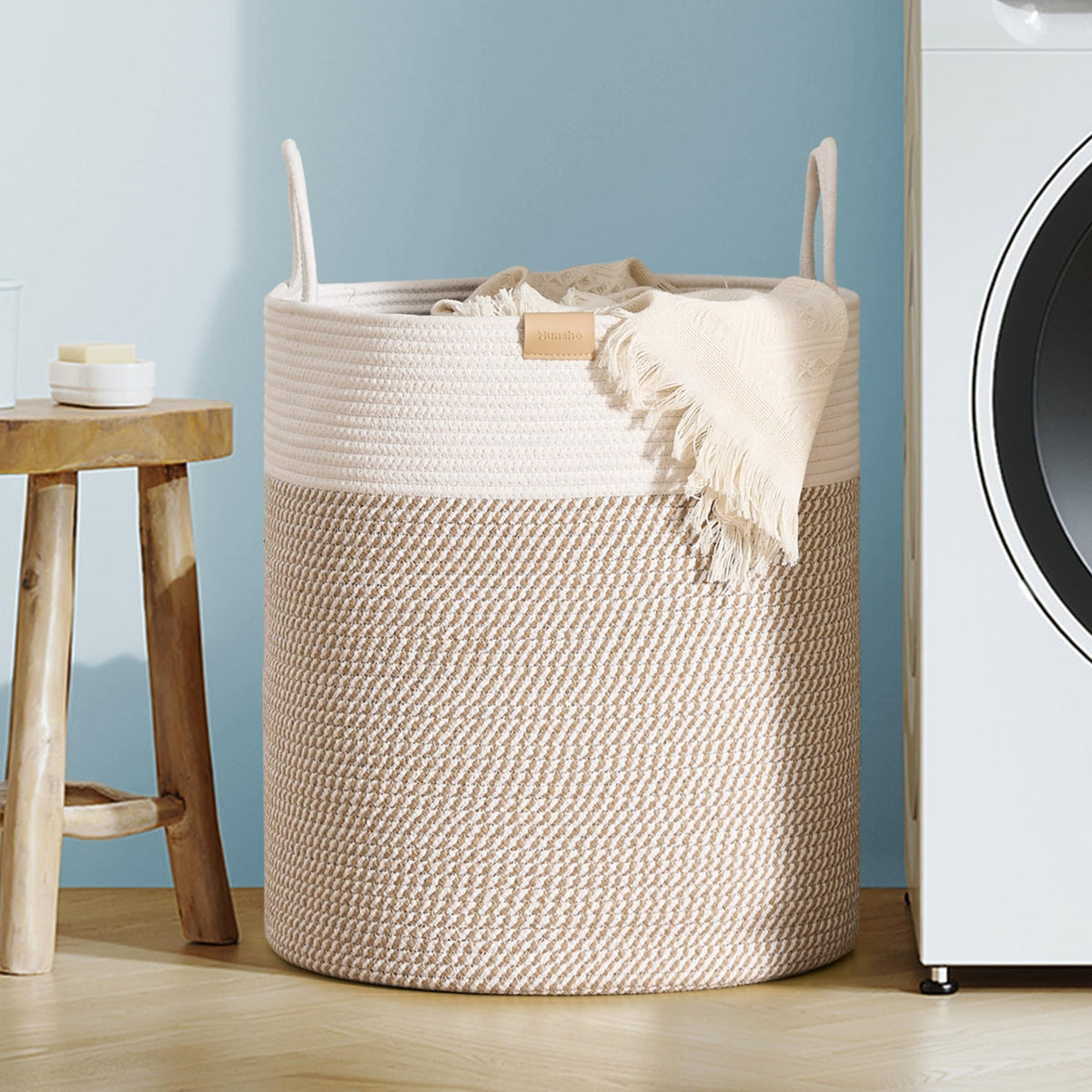 Nunsino 95L Striped Laundry Hamper with Leather Handles,Large Foldable Laundry Basket for Clothes,Cotton Rope Storage Bin for Blankets,Woven Clothes Basket for Bedroom,Dark Brown Stripes