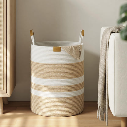 Nunsino 95L Striped Laundry Hamper with Leather Handles,Large Foldable Laundry Basket for Clothes,Cotton Rope Storage Bin for Blankets,Woven Clothes Basket for Bedroom,Dark Brown Stripes