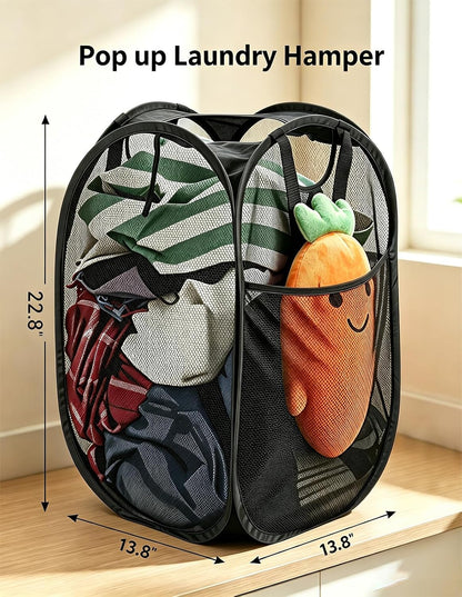 HOUSE AGAIN 2 Pack Strong Mesh Pop Up Laundry Hamper, 70L Collapsible Laundry Basket with Steel Frame, Double‑Stitched Handles & Side Pocket, Foldable Dirty Clothes Hamper for Dorm, Bedroom, Black