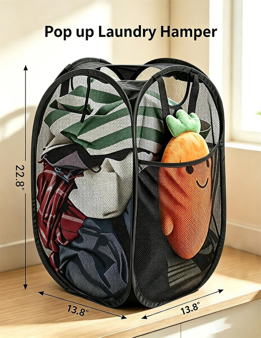 HOUSE AGAIN 2 Pack Strong Mesh Pop Up Laundry Hamper, 70L Collapsible Laundry Basket with Steel Frame, Double‑Stitched Handles & Side Pocket, Foldable Dirty Clothes Hamper for Dorm, Bedroom, Black