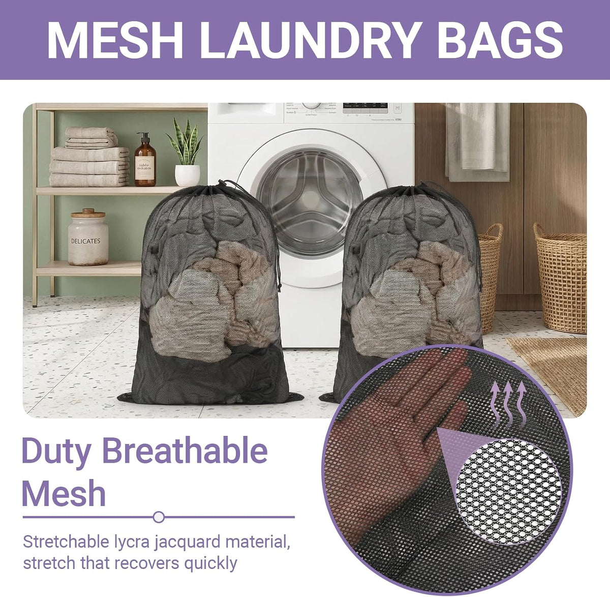 2 Pack Large Mesh Laundry Bags Black 23.6x35.4 Inch
