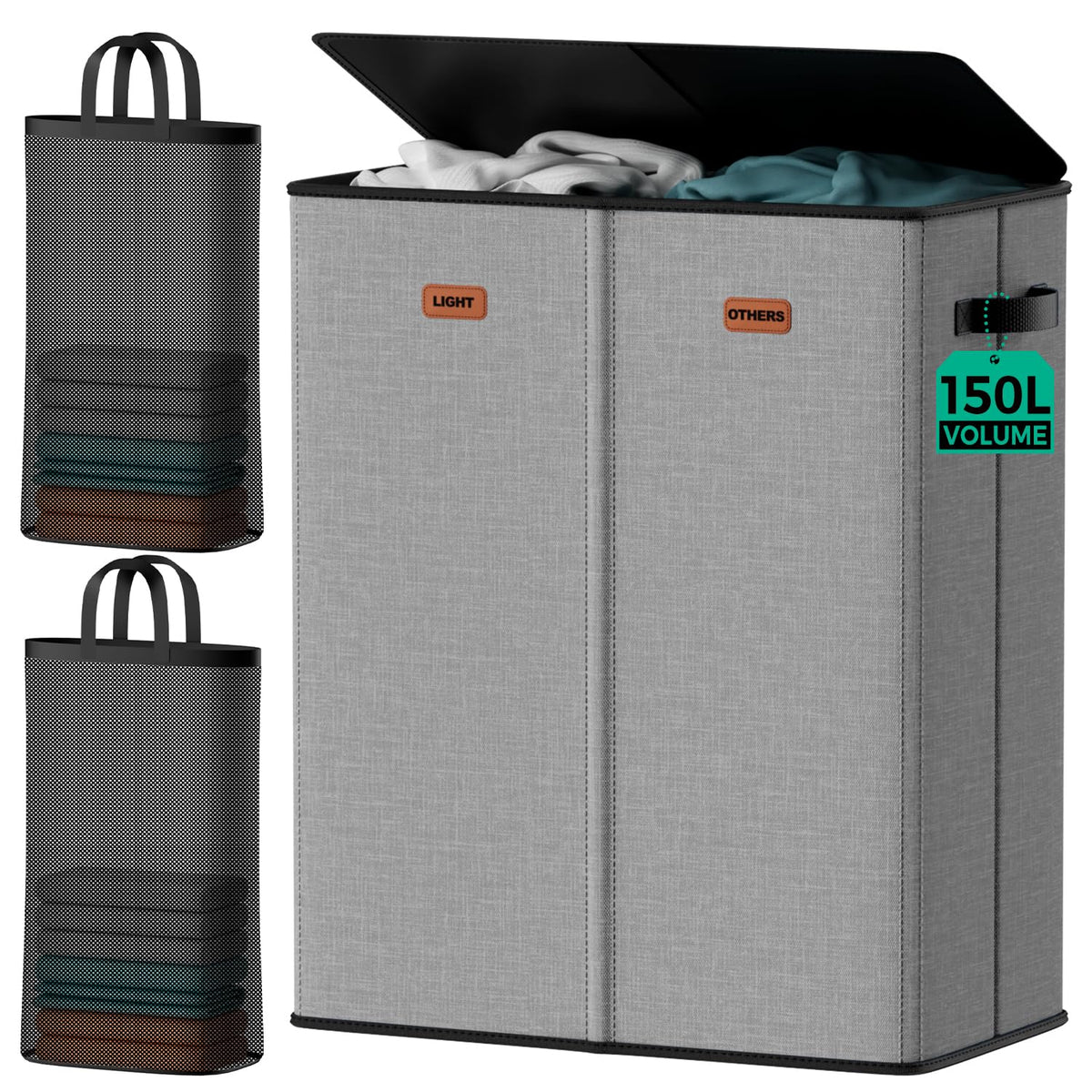150L Double Laundry Hamper with Lid – 2-Section Clothes Hamper with Removable Bag for Bathroom, Bedroom, Laundry Room & Dorm