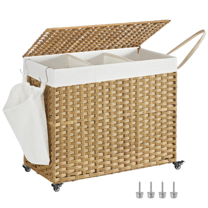 SONGMICS Rolling Laundry Hamper with Lid, 160 L 3-Section Synthetic Rattan