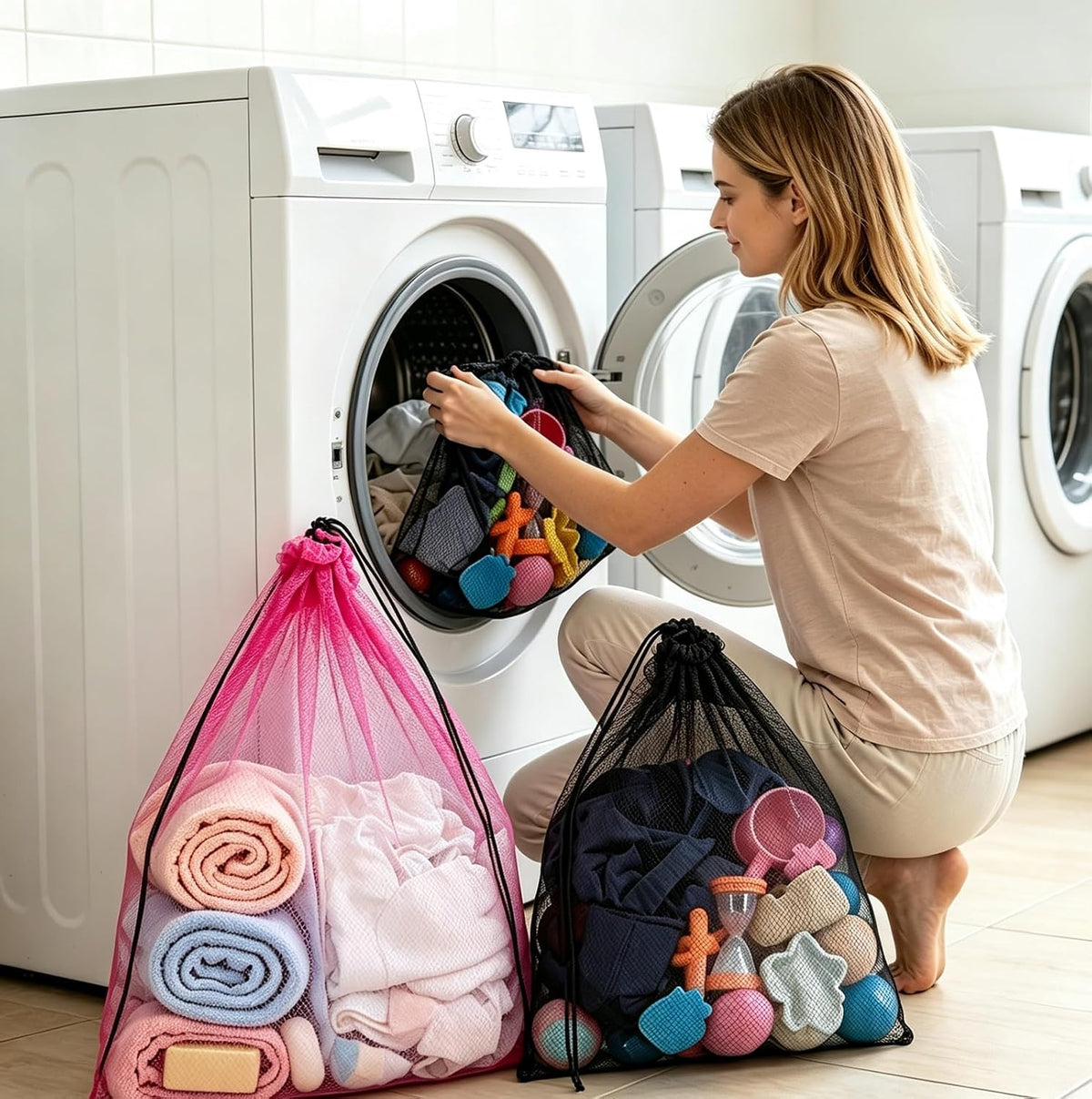 6 Pcs Mesh Beach Bags Drawstring Laundry Bag for Storage 12 × 18 in