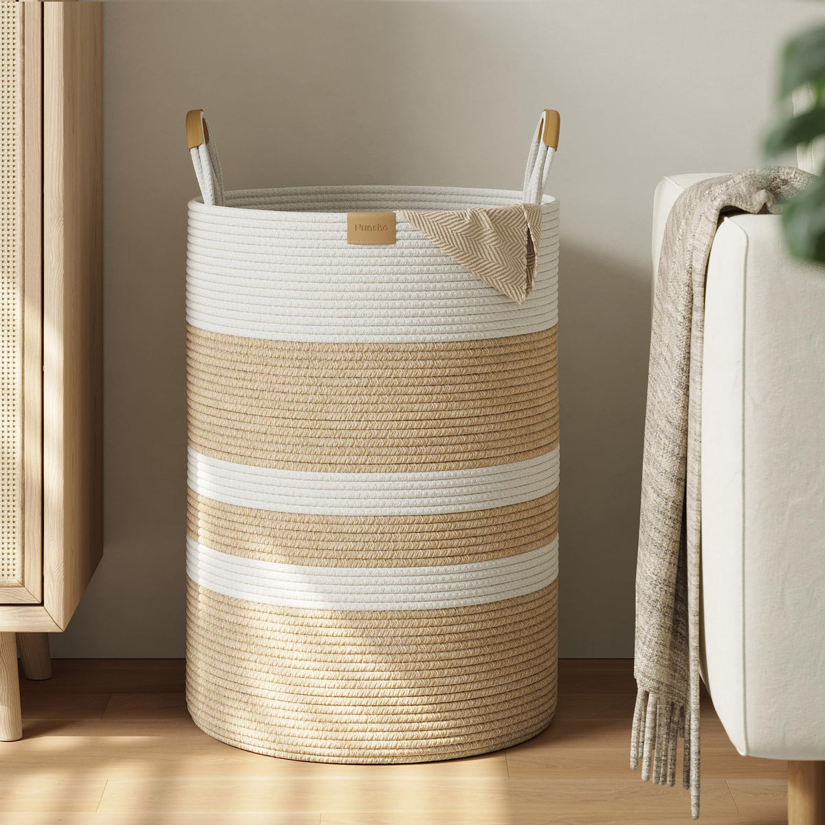 Nunsino 95L Striped Laundry Hamper with Leather Handles,Large Foldable Laundry Basket for Clothes,Cotton Rope Storage Bin for Blankets,Woven Clothes Basket for Bedroom,Dark Brown Stripes