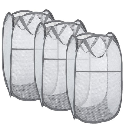 Larpur 2 Pcs Popup Mesh Laundry Baskets, Collapsible and Portable Clothes Washing Laundry Hampers with Reinforced Carry Handles, Gray Clothes Hamper for Home, Travel, College Dorm