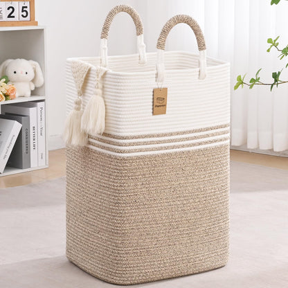 Laundry Basket Hamper,Blanket Storage,Dirty Clothes Hamper with Swivel Handles,Woven Cotton Rope Toy Baskets,Blanket Basket Living Room,Decorative Hampers for Nursery,Bedroom,White & Linen,60L