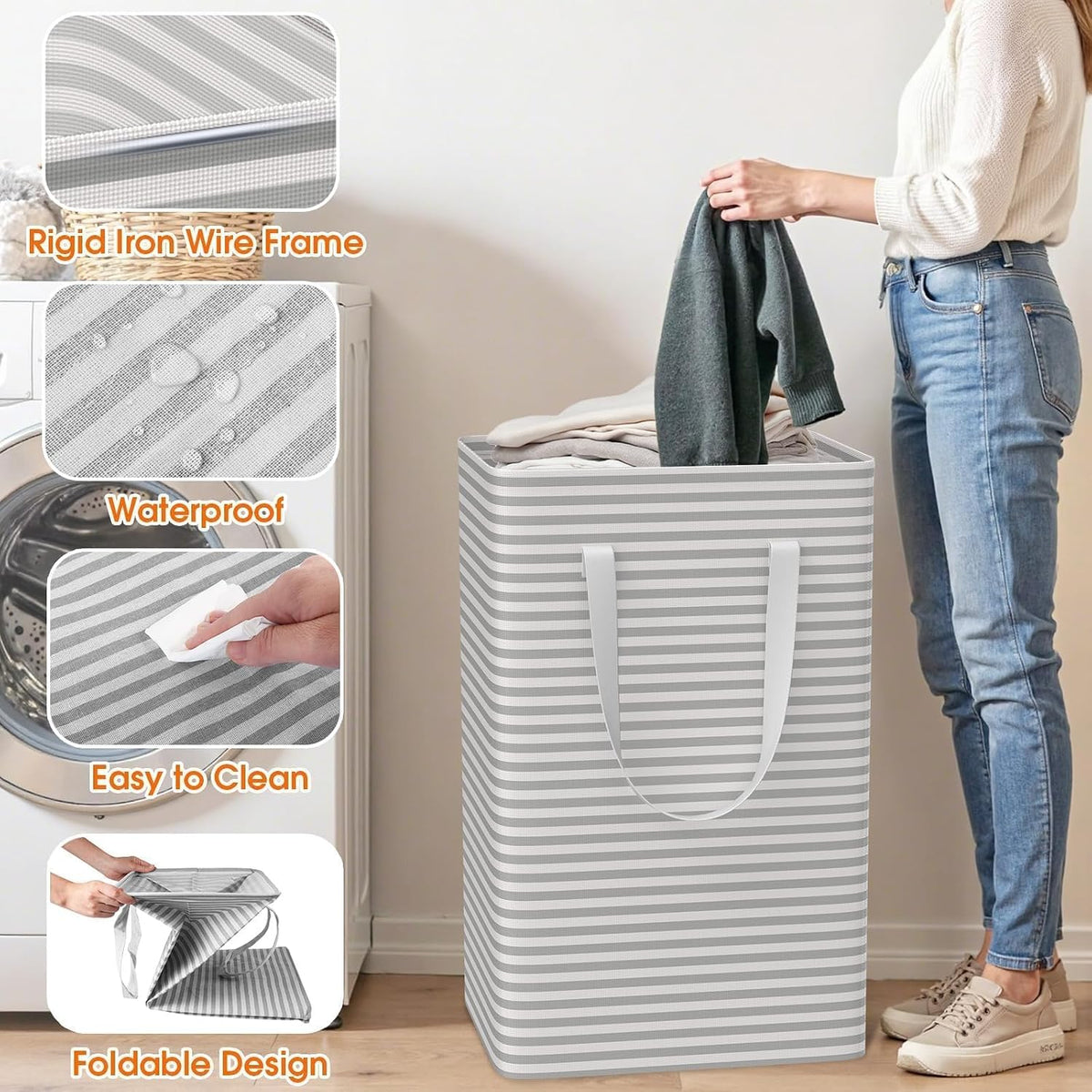 3-Pack Laundry Basket, Collapsible Laundry Hampers, 75L, Gray
