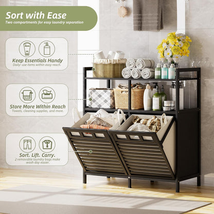 32 Gal Bamboo Tilt Out Laundry Hamper Cabinet with 2 Bag, Black