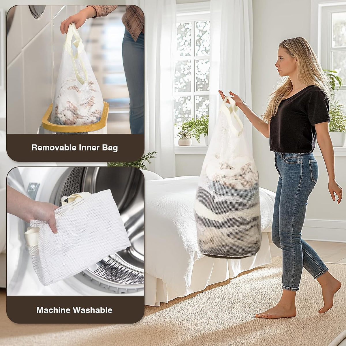 Bathola Slim Laundry Hamper with Lid, 60L Small Laundry Basket, Beige