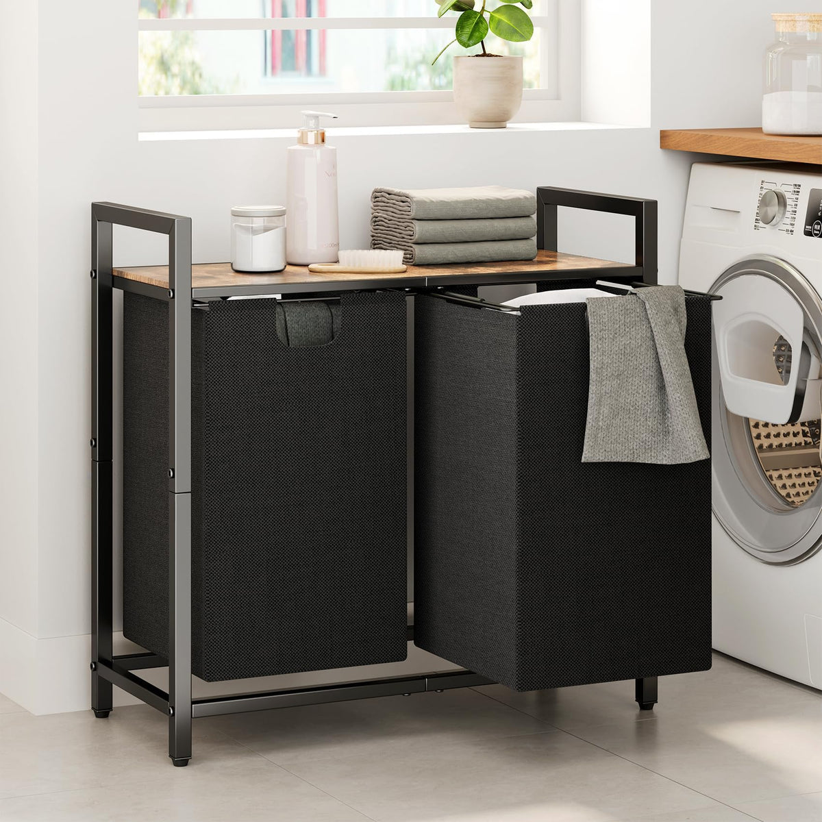 Kitstorack Laundry Basket Organizer, Laundry Hamper with Shelf & 2 Pull-Out Removable Bags, Dirty Clothes Hamper Organizer for Laundry Room Bathroom and Dorm, 2 x 11.8 gallons (44.5L)