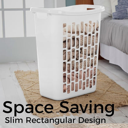 Large Plastic Laundry Hamper, White, Slim Rectangular, Ventilated, 63 Liter, Reinforced Handles, Clothes Basket for Bathroom, Dorm, and Closet